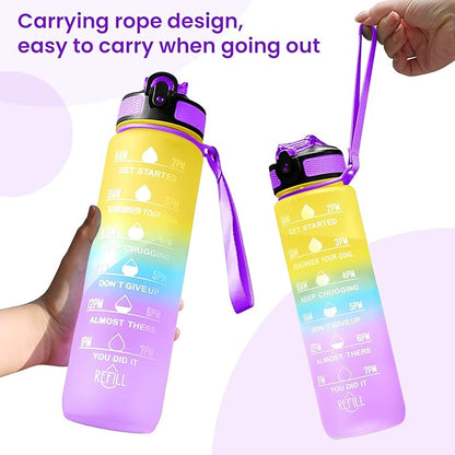 32 oz Water Bottles with Times to Drink and Straw, Motivational Water Bottle with Time Marker, Leakproof & BPA Free, Drinking Sports Water Bottle WIth Hand Strap for Fitness, Gym & Outdoor (yellow)