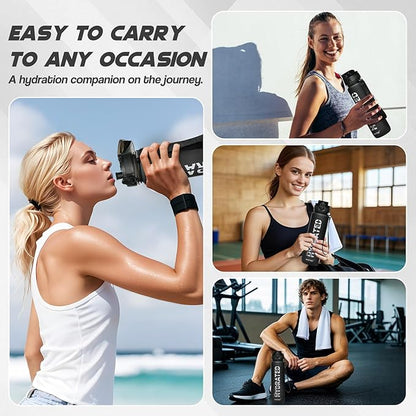 Water Bottle, 32 oz Sports Water Bottles with Time Marker Wide Mouth, Motivational and Leakproof Drink Bottle, BPA Free Tritan with Carry Strap for Gym Fitness Outdoor(1 Bottle)