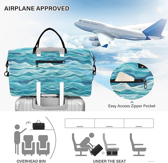 Weekender Bags Travel Duffel Gym Bag Carry on Overnight Tote Bag with Toiletry Bag for Airplane Travel Trip Gym Yoga (Sea Waves)