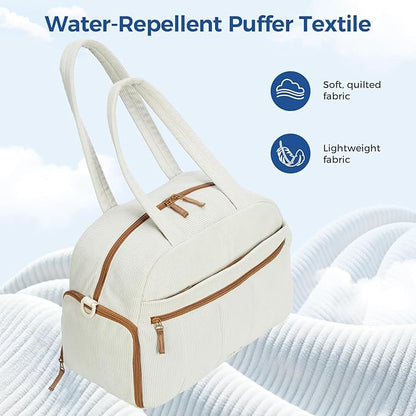Gym Bag for Women, Puffer Travel Duffle Bag With Shoes Compartment & Wet Pocket, Carry On Tote Bag For Weekender, Overnight, Sport duffel bags for traveling (shallow cream-colored, Medium)