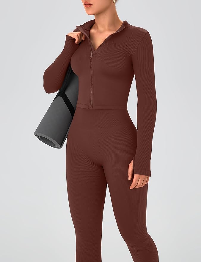 OLCHEE Womens Workout Sets 2 Piece Seamless Ribbed Long Sleeve Yoga Outfits High Waist Leggings Zipper Jacket Thumb Hole Gym
