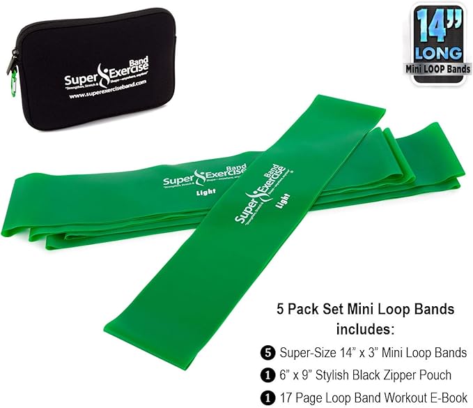 USA 14" x 3" Extra Long Latex Free Mini Loop Bands in 3, 5, 10 Pack Sets. 10 Strengths for Resistance Training, Stretching, Yoga, Toning. Plus an Exclusive iPhone App and E-Book.