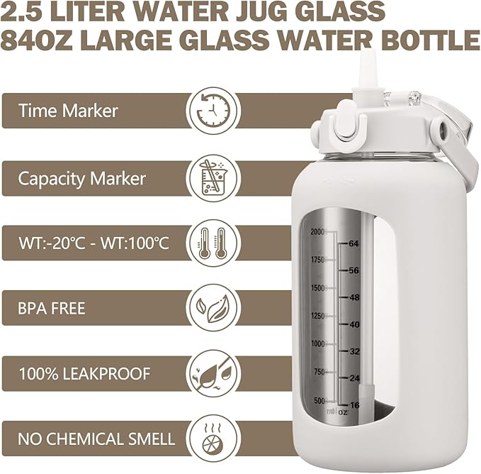 kytffu 84oz Glass Water Bottle with Straw, 2.5 Liter Large Water Bottle with Silicone Sleeve and OZ Marker, Wide Mouth Gallon Glass Bottle with 2-in-1 Lid, Leakproof Water Jug for Gym Home, White