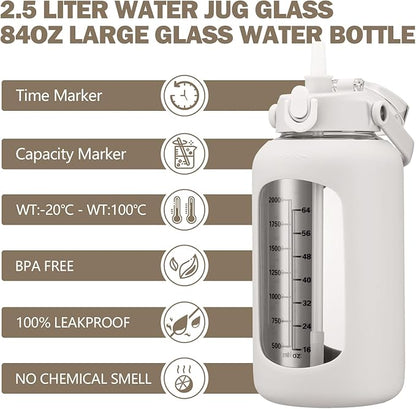 kytffu 84oz Glass Water Bottle with Straw, 2.5 Liter Large Water Bottle with Silicone Sleeve and OZ Marker, Wide Mouth Gallon Glass Bottle with 2-in-1 Lid, Leakproof Water Jug for Gym Home, White