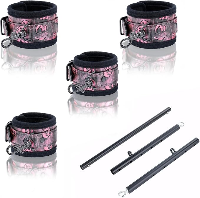 Heavy Duty Stainless Steel Expandable Spreader Bar with 4pcs PU Black--Pink Skull Pattern Detachable Adjustable Straps,Workout Bar for Home Indoor Gym Training Kit