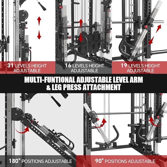 FAGUS Commercial Smithe Machine with Dual Weight Stacks, Power Cage Squat Rack with Lever Arm & Leg Press Attachment, Multi-Function Linear Bearing Cable Crossover Machine for Home Gym