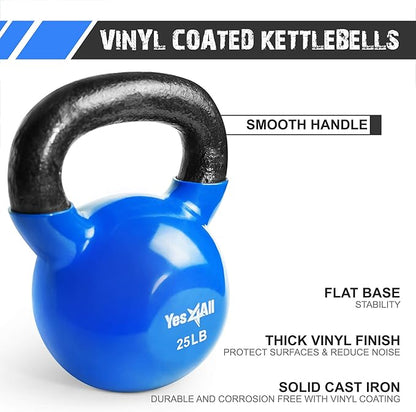 Yes4All Kettlebell, Vinyl Coated Kettlebell Cast Iron Sets with Stable Flat Bottom for Full Body Workout, Push up, Grip Strength Training & Weights Exercises