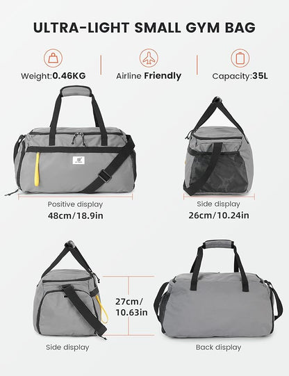 SKYSPER Gym Bag for Men & Women with Shoe Compartment, Carry-on Gym Duffle Bag for Travel and Sports, Workout Overnight Bag with Large Wet Pocket, Gray