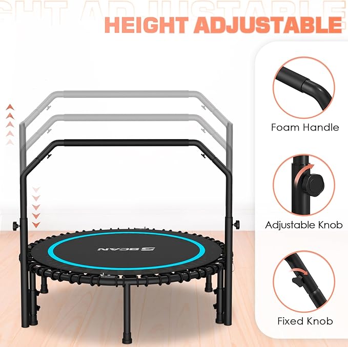 BCAN BT2 450/550LBS Mini Rebounder Trampoline for Adults with Bar, Fitness Trampoline with Bungees, Adjustable Handle, Stable & Quiet, Indoor Outdoor, Whole-Body Workout & Relaxation at Home-40IN/48IN