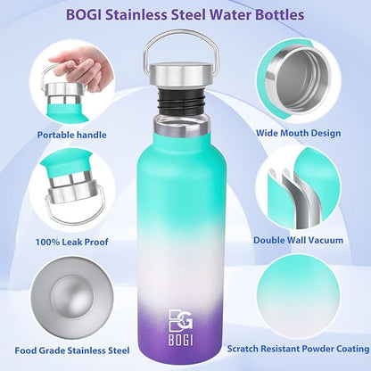 BOGI 20oz Insulated Water Bottle, Wide Mouth Stainless Steel Water Bottles Leakproof Metal Water Bottle with Straw and Handle BPA Free Steel Water Bottle for School Fitness Outdoor Sports-Color1