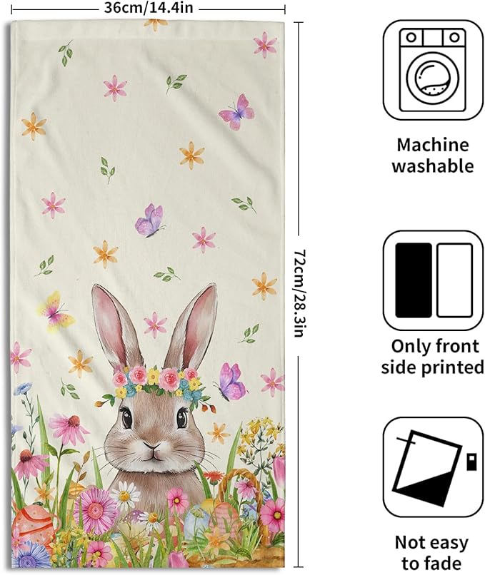 Cute Bunny Hand Towels for Bathroom 14"x28" Set of 2 Happy Easter Rabbit Kitchen Towel Spring Flower Butterfly Bath Towels Super Soft Absorbent Tea Dish Towels for Yoga Gym Bath Shower