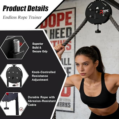 Endless Rope Trainer & Cable Pulley System for Home Gym - Adjustable Resistance Suspension Trainer with Premium Nylon Rope for Full-Body, Arm, Back, and Grip Exercise