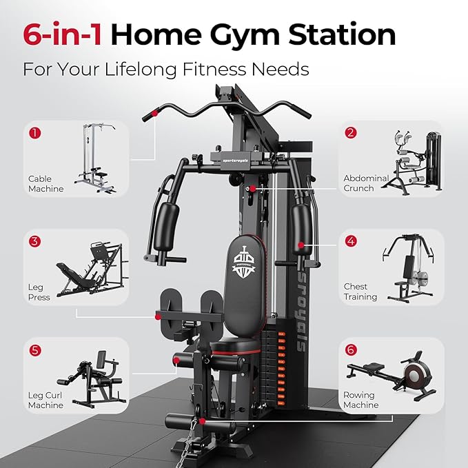Sportsroyals Home Gym, Multifuntional Workout Station with 150LBS Weight Stack, Full Body Workout Equipment for Home Exercise Fitness