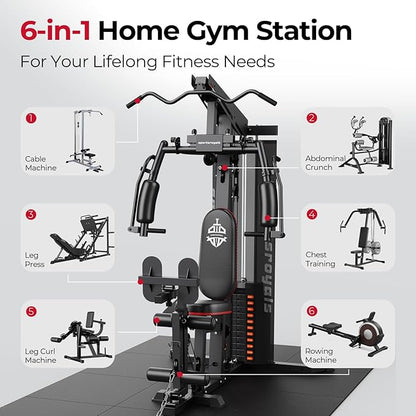 Sportsroyals Home Gym, Multifuntional Workout Station with 150LBS Weight Stack, Full Body Workout Equipment for Home Exercise Fitness