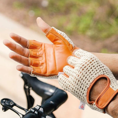 Real Soft Leather Crochet Net Fingerless Driving Weight Training Cycling Wheelchair Gloves W-1037
