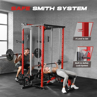 Power Cage Home Gym, Dual Pulley Cable Crossover System, All-in-One Squat Power Rack with Strength Training Attachments for Full-Body Workouts