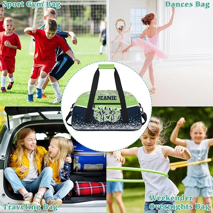 Personalized Cheer Gym Bags for Girls Kids Cheerleaders with Custom Name Sport Dance Perform Training Duffel Bags for Overnight Weekender Travel Green Blue
