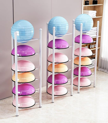 Exercise Half Balance Ball Trainer Holder Storage Rack - Home Fitness Gym Workout Equipment 3/5/6/7 Tier Floor Stand Corner Storage Organizer for Basketball Bowling Medicine Yoga Bosu Balls(Black,6 la