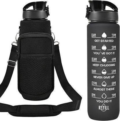32 oz Water Bottles with Straw & Strap, Motivational Water Bottles with Times to Drink, BPA Free Reusable Sports Water Bottle with Sleeve Carrier for Hiking, Travel, Running or Fitness