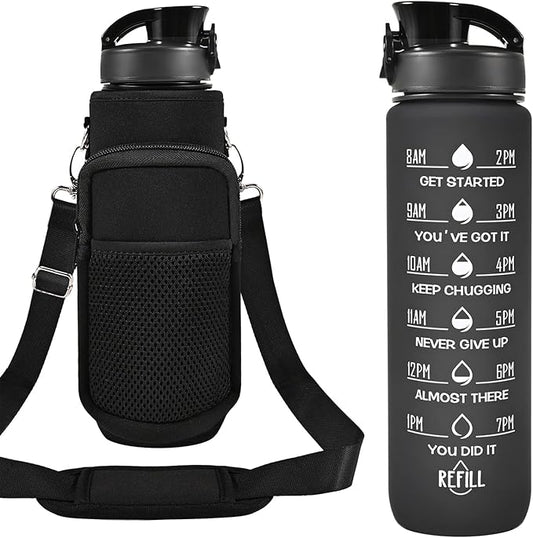 32 oz Water Bottles with Straw & Strap, Motivational Water Bottles with Times to Drink, BPA Free Reusable Sports Water Bottle with Sleeve Carrier for Hiking, Travel, Running or Fitness