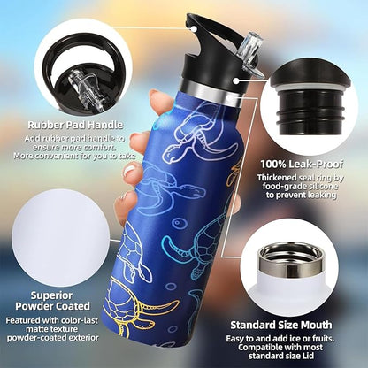 Turtle Sport Water Bottle with Straw, Vacuum Insulated Stainless Steel Thermal Drinking Travel Mug Cups For Gym Fitness Camping-20oz/600ml