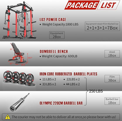 Power Cage Multi-Function Power Rack with Cable Crossover System,1800 LBS Capacity Squat Rack with Weight Bench,for Home Gym
