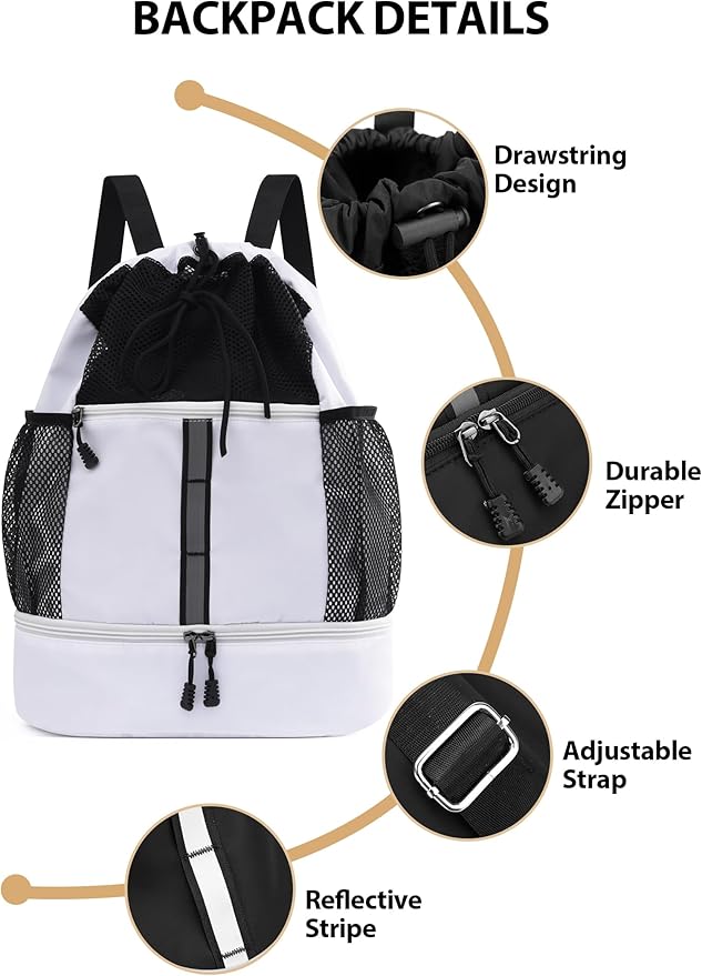 U.helper Waterproof Gym Drawstring Backpack, Sports Sack with Shoes Compartment & Wet Pockets for Ball/Beach/Swim Training