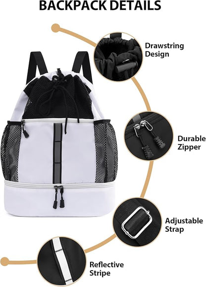 U.helper Waterproof Gym Drawstring Backpack, Sports Sack with Shoes Compartment & Wet Pockets for Ball/Beach/Swim Training