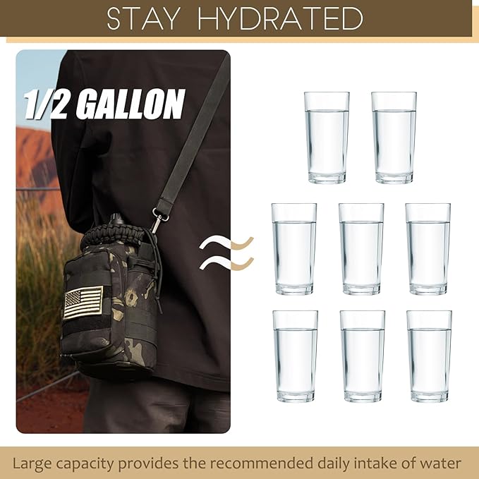 Half Gallon Water Bottle with Sleeve - 64 Oz Insulated Water Jug with Strap Stainless Steel Big Gym Water Bottles for Men Sports Workout Hiking Camo Black