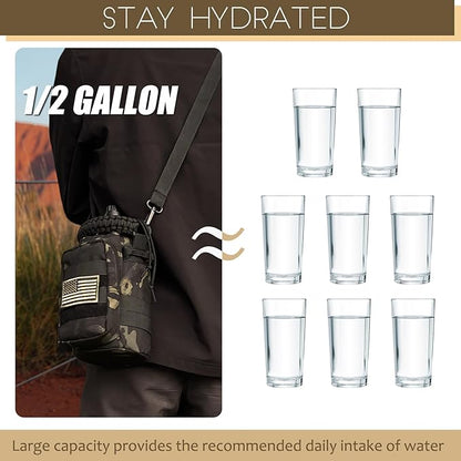 Half Gallon Water Bottle with Sleeve - 64 Oz Insulated Water Jug with Strap Stainless Steel Big Gym Water Bottles for Men Sports Workout Hiking Camo Black