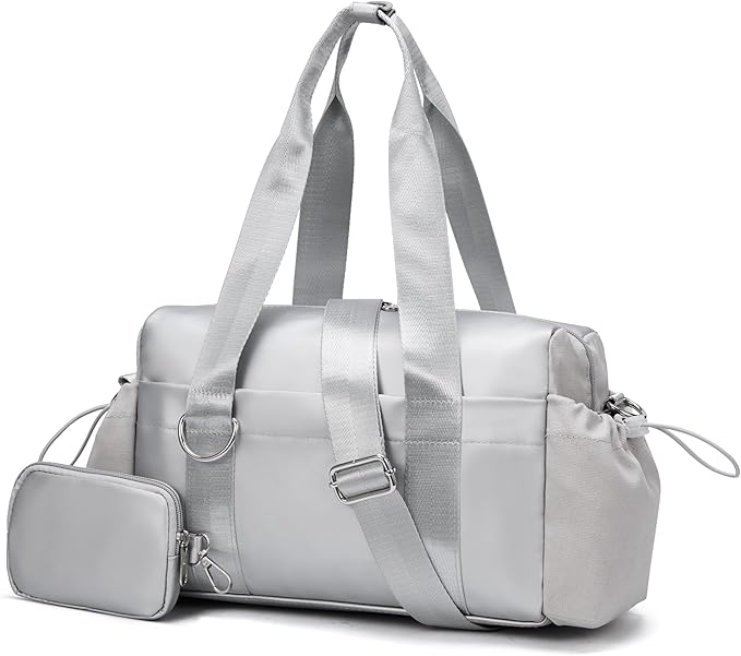 Everyday Mini Gym Bag for Women 2.0, Small Tote with Zipper Compartment Waterproof Travel Duffle Cute Handbag Workout Carry On with Removeable Shoulder Strap & Coin Wallet Easy to Clean-Silver