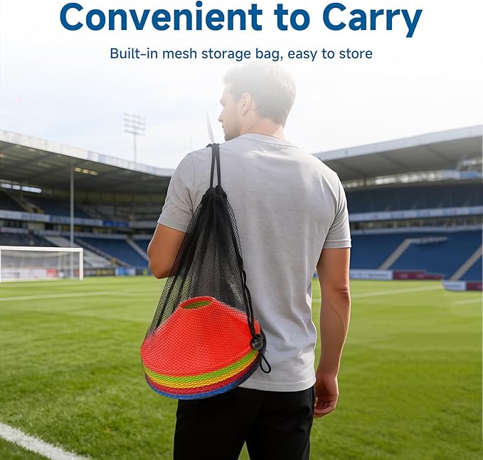 Soccer Cones for Sports Training with Mesh Carry Bag, Multi-Color Agility Disc Cones for Football Basketball Drills, 7.5 Inch Flexible Plastic Field Markers for Kids & Adults