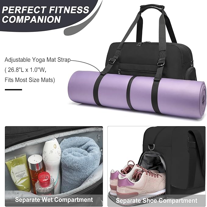 Sports Gym Bag for Women, Travel Duffle Bag with Shoe Compartment & Wet Pocket, Fitness Yoga Bag