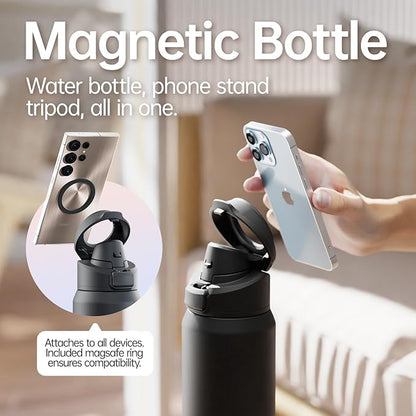 Insulated Magnetic Water Bottle - Reusable Stainless Steel Bottle with MagSafe Compatible Phone Holder - Keeps Cold for 24 Hours - Perfect for Gym, Sports, and Travel - Black 32oz
