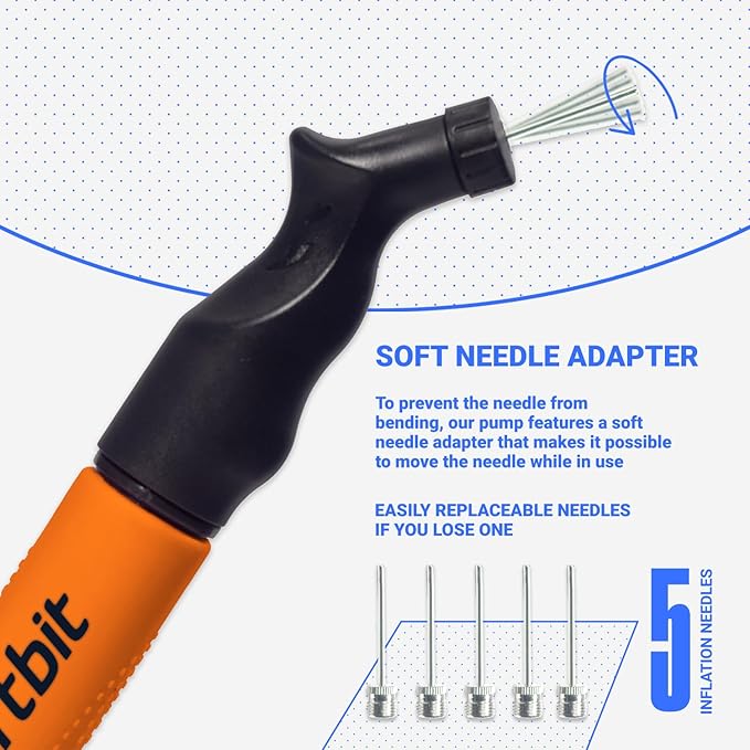 SPORTBIT Ball Pump for Sports Balls - Push & Pull Inflating System - Hand Pump for All Exercise Balls - Volleyball Pump, Basketball Inflator, Football & Soccer Ball Air Pump - Goes with 5 Needles Set