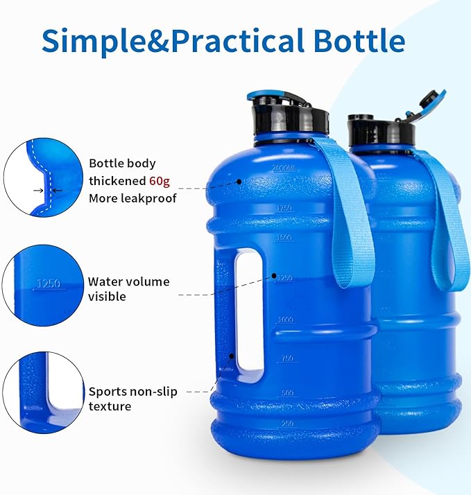 TOOFEEL 2 Liter Water Bottles - Half Gallon BPA Free - Ideal for Gym, Hiking, Running, Cycling - 74 oz Blue Water Bottle