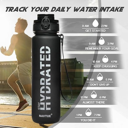 Water Bottle, 32 oz Sports Water Bottles with Time Marker Wide Mouth, Motivational and Leakproof Drink Bottle, BPA Free Tritan with Carry Strap for Gym Fitness Outdoor(1 Bottle)