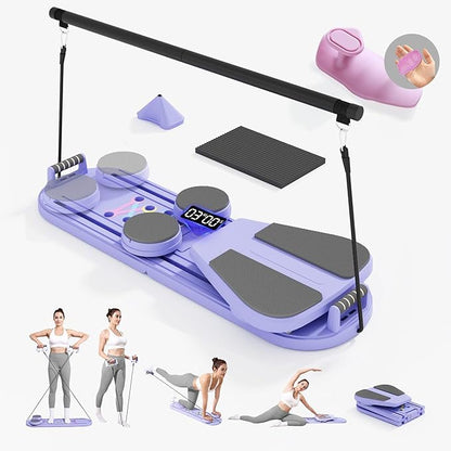 Pilates Board Reformer 15-in-1: Split & Foldable Design, Portable Home Gym with Digital Display, Resistance Bands, Balance Board for Women's Full Body & Core Training