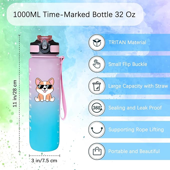 Cute Corgi Water Bottle 32 Oz – Leakproof BPA Free Sport Water Bottle with Straw & Carry Strap, Motivational Time Marker for Gym, Fitness, Outdoor, Travel, Office, Biking, Dog Lover