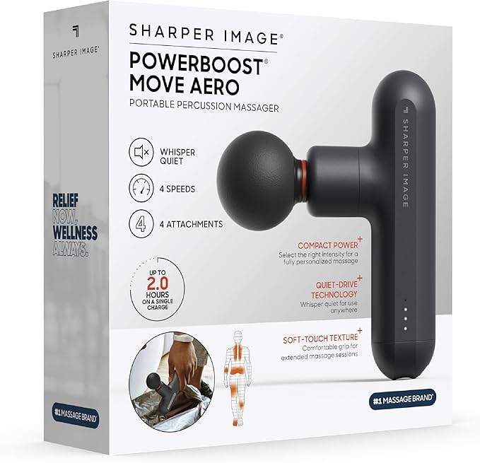 Sharper Image Powerboost Move Aero 3.0 – Mini Percussion Massage Gun| Updated Soft-Touch Design, Carrying Bag, 4 Nodes| Portable Full Body Back & Shoulder Massager| Deep Tissue Massage Tool Gift