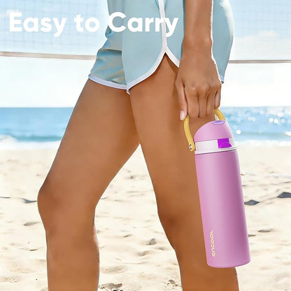Insulated Water Bottle with Straw - Encool Stainless Steel Water Bottle with Push Button Lid, Leak-Proof & BPA-Free, Keeps Cold for 24 Hours for Sports, Travel, Gym (24 oz, Light Orchid-Fuchsia)