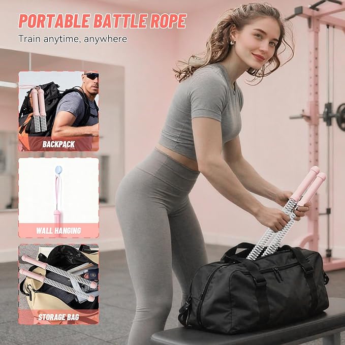 Ropeless Battle Ropes for Home Gym - Heavy Duty Cordless Workout Ropes for HIIT, Strength & Cardio Training, Portable Exercise Equipment for Men & Women, Low-Impact Fitness Rope (Pink)