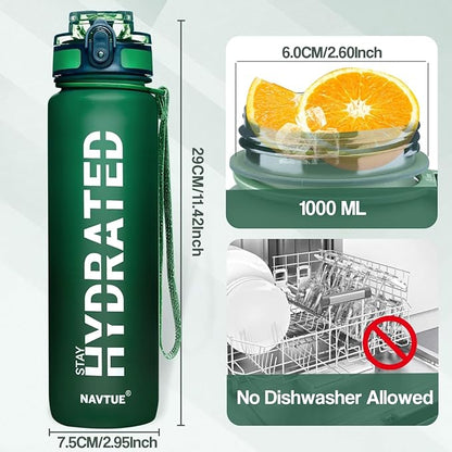 Water Bottle, 32oz Sports Water Bottles with Time Marker Wide Mouth, Motivational and Leakproof Drink Bottle, BPA Free Tritan with Carry Strap for Gym Fitness Outdoor (1 Bottle)