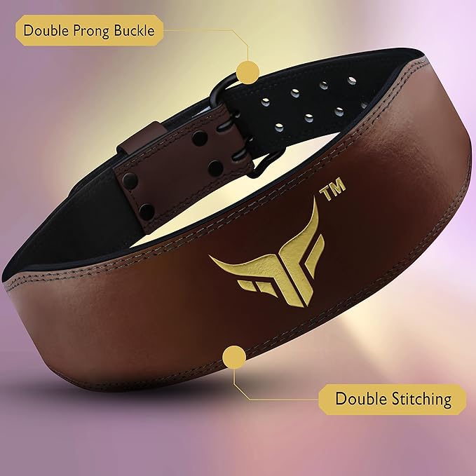 Mytra Fusion Weight Lifting Belt Double Prong Buckle Power Lifting Back Support Belt 100% Leather Gym Belts for Weightlifting Weight Lifting Belts for Men Women, Powerlifting, Strength Training