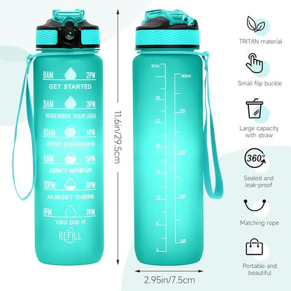 32 oz Motivational Water Bottle with Time Marker,Water Bottles with Times to Drink and Straw with Carrying Strap,Perfect For Fitness Gym Outdoor,BPA Free (Green)