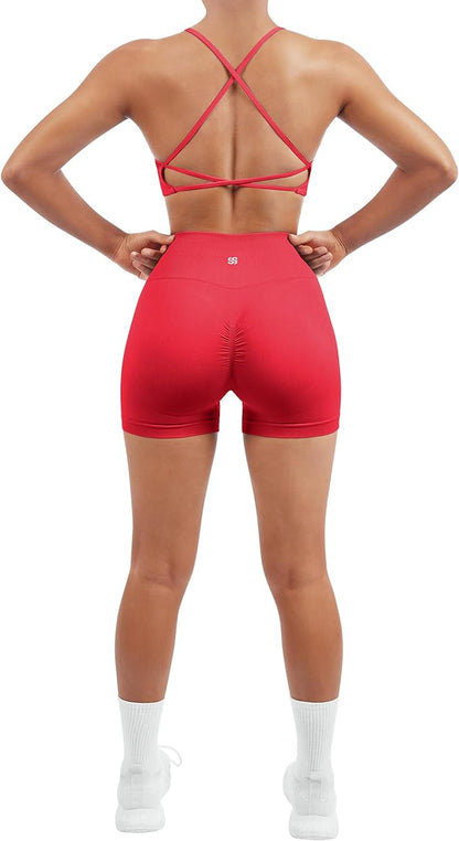 SUUKSESS Women Seamless Workout Sets Strappy Sports Bra High Waist Booty Shorts Outfits