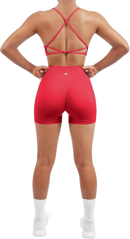SUUKSESS Women Seamless Workout Sets Strappy Sports Bra High Waist Booty Shorts Outfits