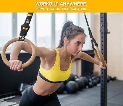 Double Circle Wood Gymnastic Rings (Rings Only) and Exercise Videos Guide for Gym, Compatible with Crossfit, and Bodyweight Training