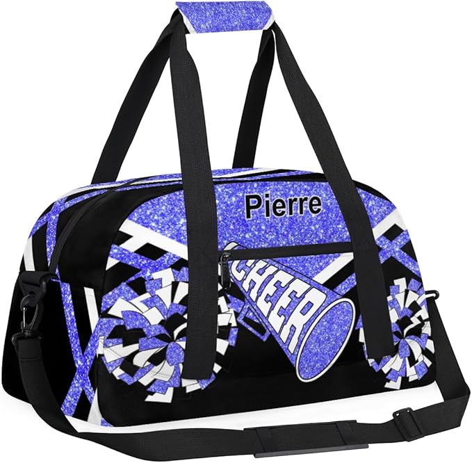 Personalized Gymnastics Cheer Bag Names for Girls Teens, Custom Name Sport Fitness Duffle Gym Training Bag Travel Weekender Lightweight Bags, Light Blue Glitter Black
