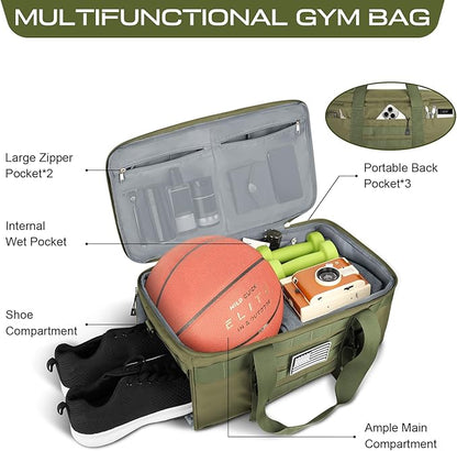 ETRONIK Gym Bags for Men Women, Military Duffle Bag Backpack with Shoe Compartment, 3 in 1 Carry on Bag Travel Backpack with Wet Pocket, Weekender Overnight Range Bag for Workout Football Gym, Green